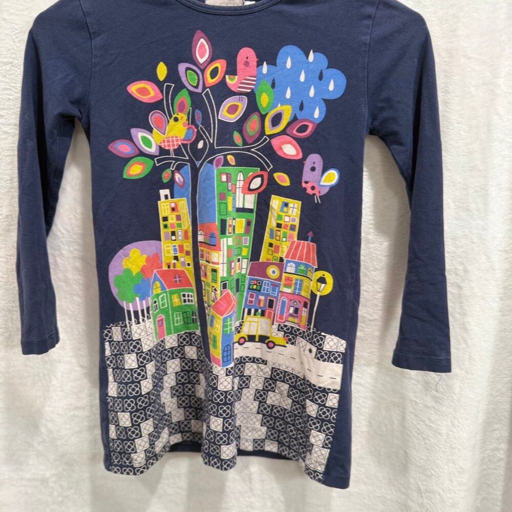 Boboli Girls Cityscape Graphic Knit Dress Size 6 Navy